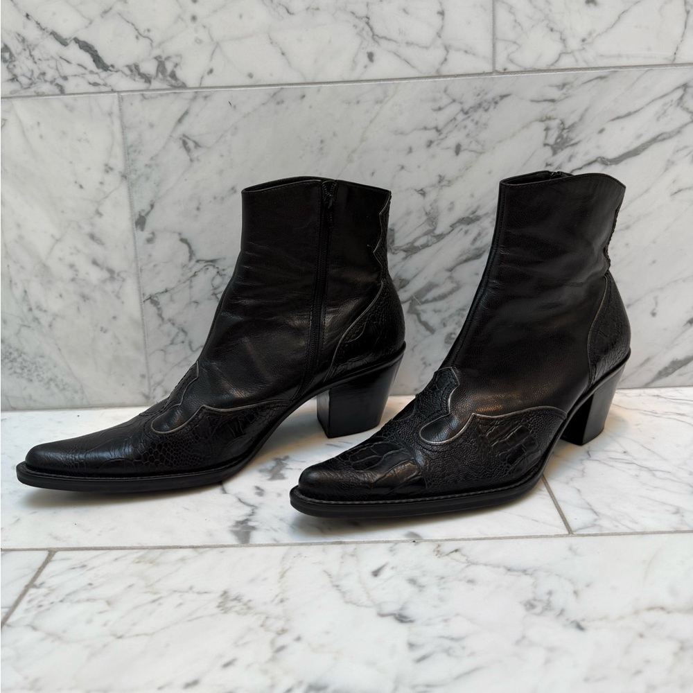 Vintage Franco Sarto Black Leather Animal Print Heeled Boots - Picture 4 of 9